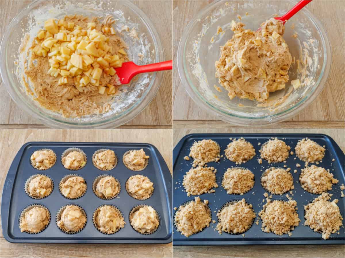 step-by-step directions on how to add apples to apple muffin recipe, divide into muffin tin, and add crumb topping