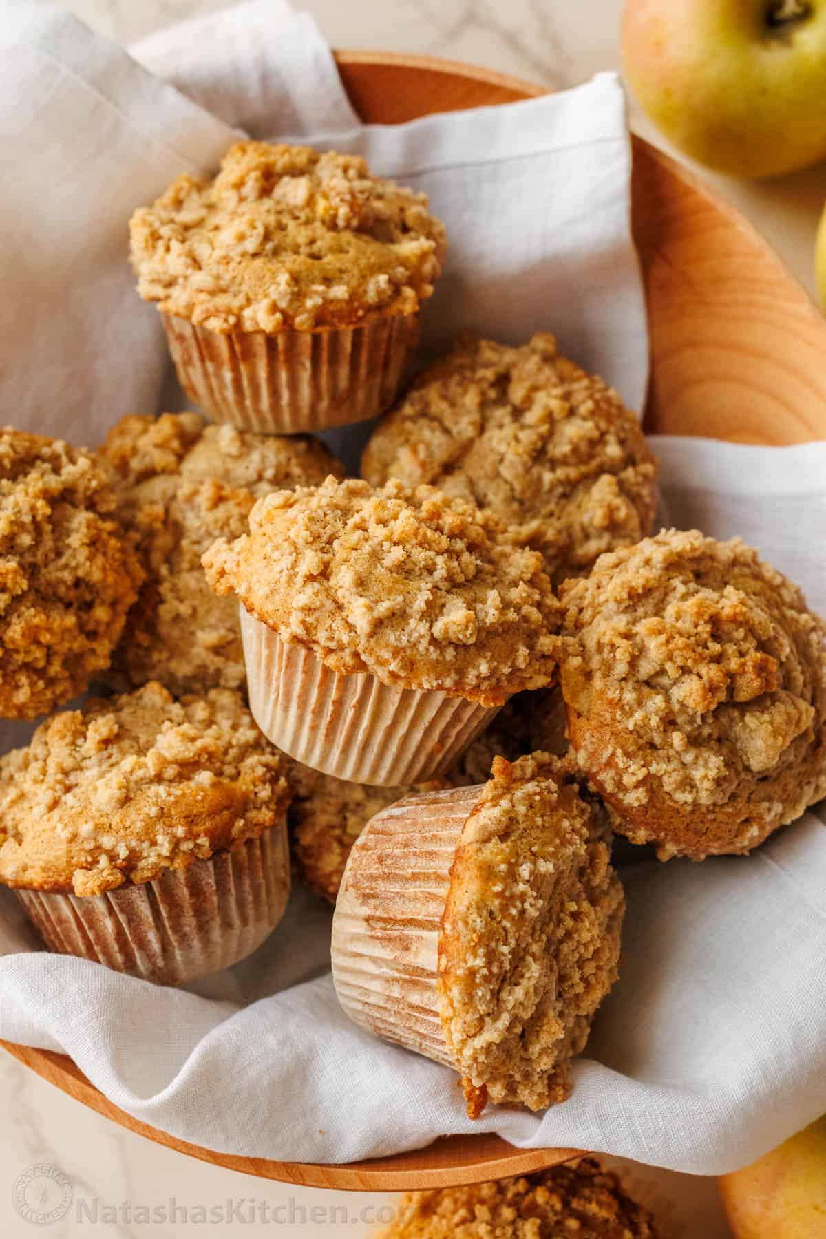 Bowl of apple muffins with crumb topping