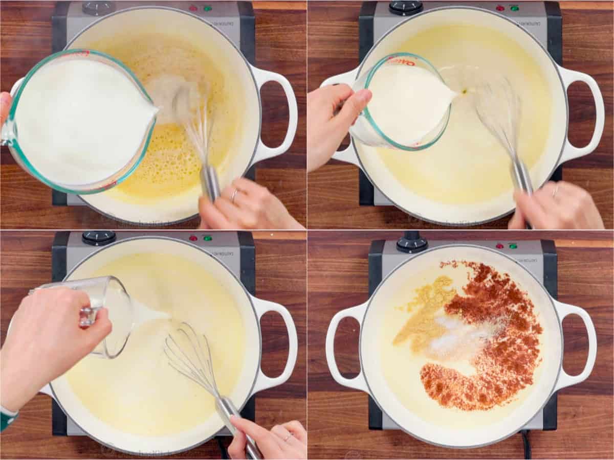 How to make cheesy sauce in steps from slowly adding the milk to adding spices