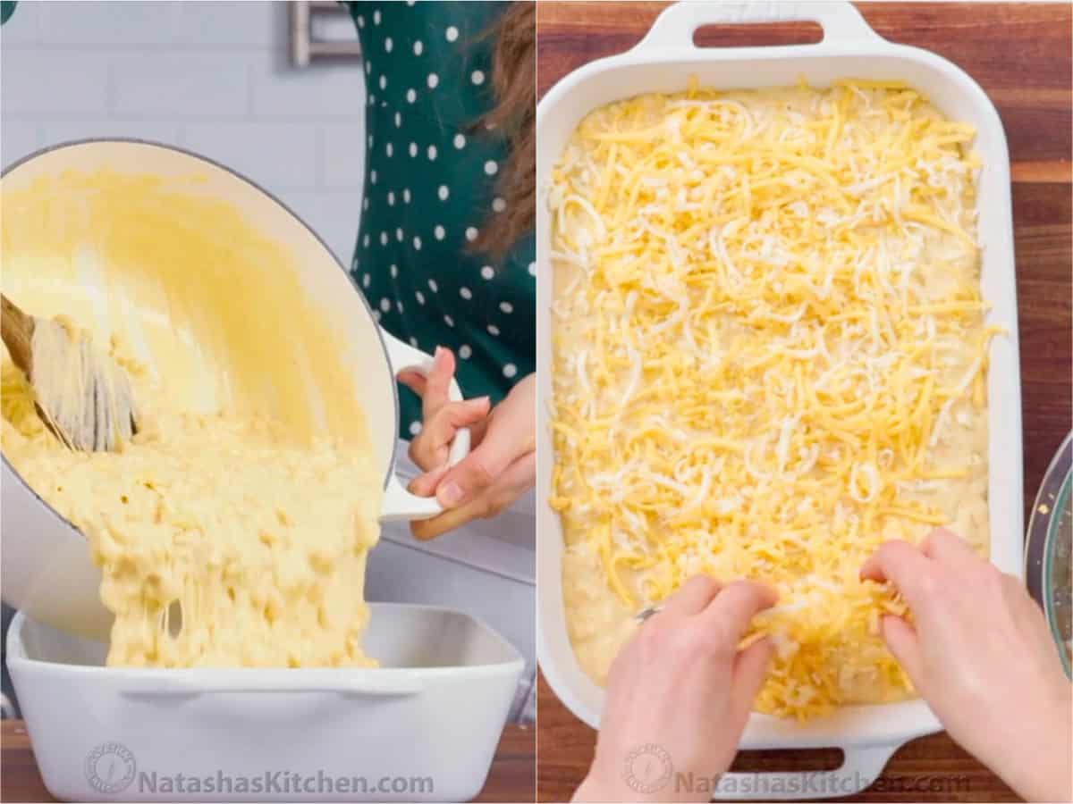 Pouring the Baked Mac and Cheese mixture into a casserole dish and topping with shredded cheesy mixture