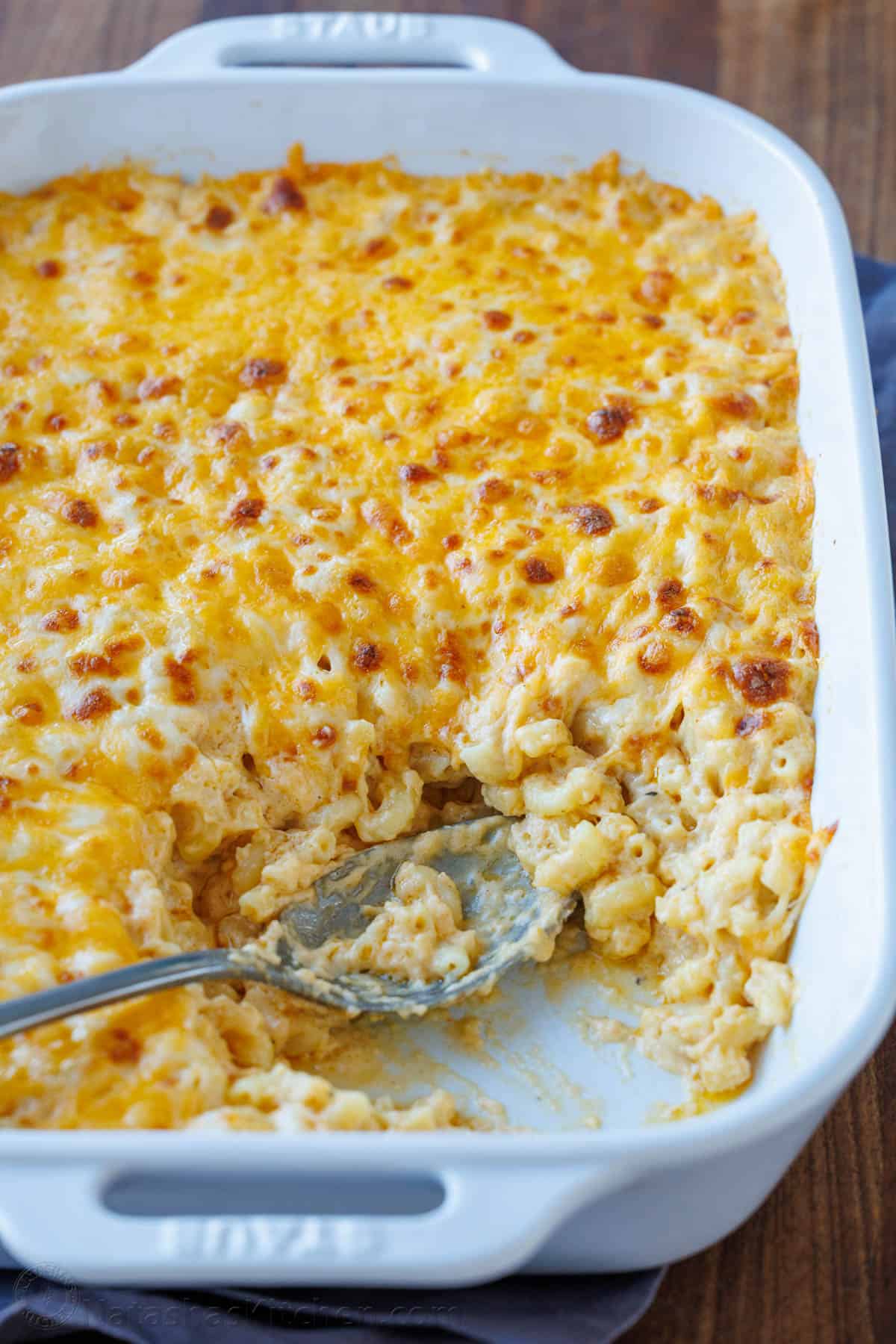 Baked Mac and Cheese with cheesy topping and serving removed