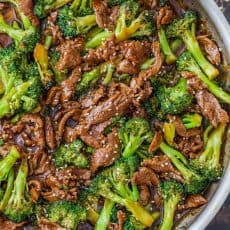 Beef and broccoli stir fry in a pan