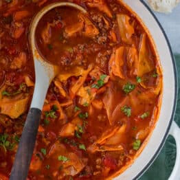 Cabbage Soup in a pot with a ladle