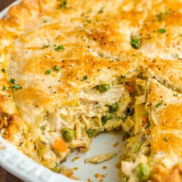 Chicken pot pie with a slice removed
