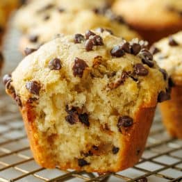 Inside of Chocolate Chip Muffins with domed tops and full of of chocolate chips