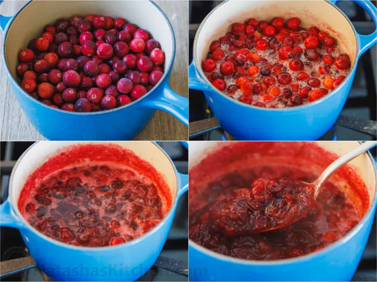 Photo collage showing how to make cranberry sauce.