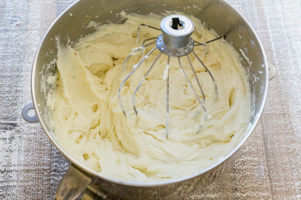 bowl of whipped mashed potatoes with a whisk attachment