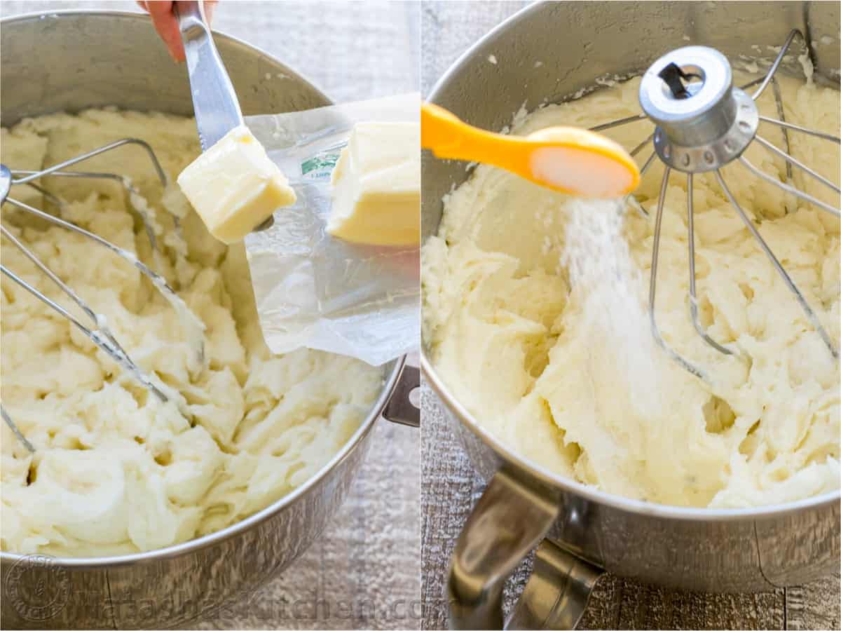 adding butter and salt to mashed potatoes