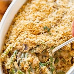 Green Bean Casserole in white serving dish