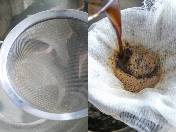 Two photos one of a strainer and one of the coffee being strained 