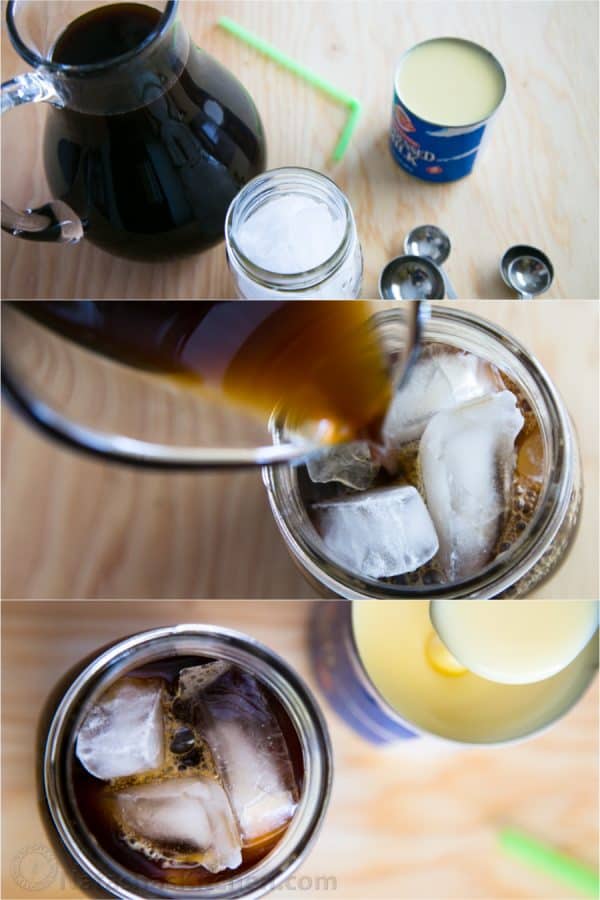 Three photos of iced coffee with condensed milk being put together in a mason jar 
