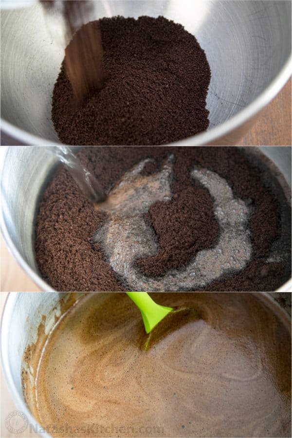 Three photos of ground coffee in a bowl with ingredients being added to the bowls 