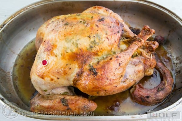 Juicy Roast Turkey Recipe resting in the roasting pan
