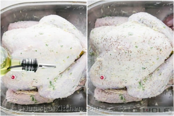 Drizzling turkey with oil and seasoning before baking