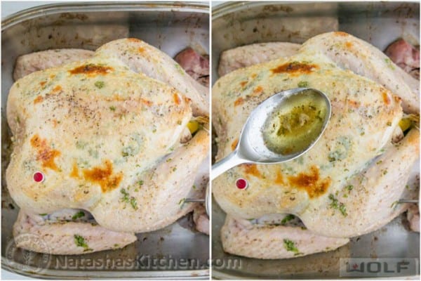 Basting roast turkey with butter
