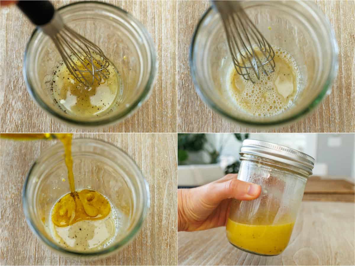 Step-by-step photos of how to emulsify ingredients using a whisk