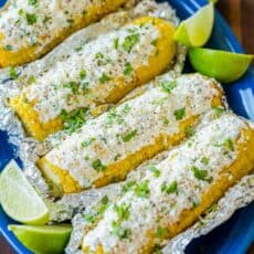 Mexican Street Corn on blue platter