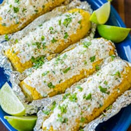 Mexican Street Corn on blue platter