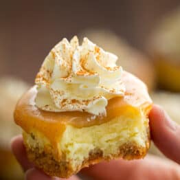 a mini cheesecake with a bite in a hand