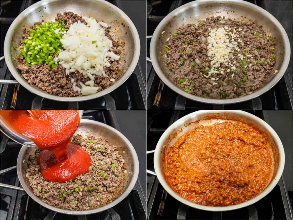 Step by step collage of how to make homemade sloppy joes from scratch.