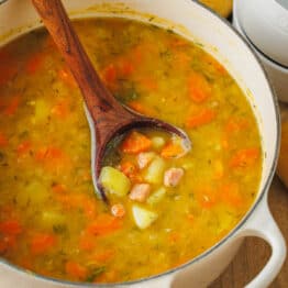 split pea soup served in a pot