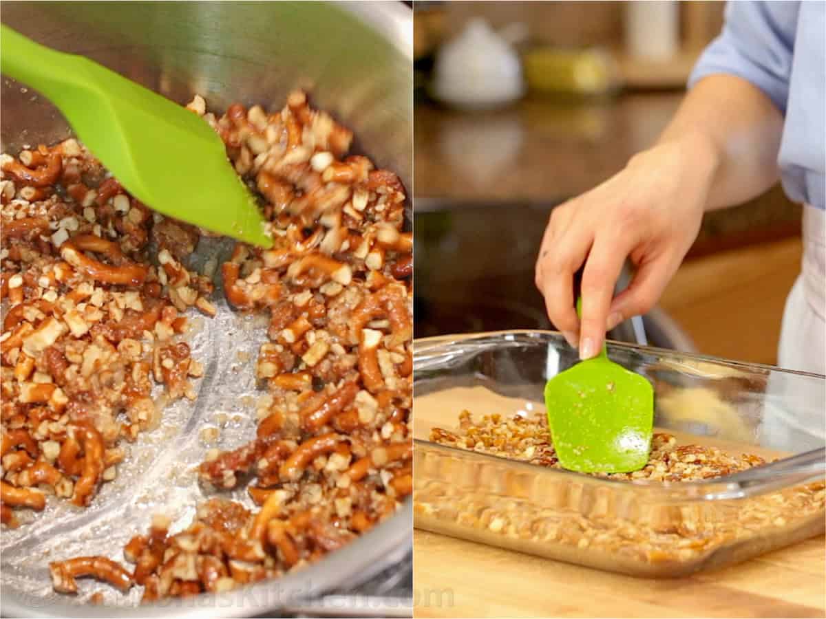 How to make strawberry pretzel salad using crushed pretzels mixed and pressed into the dish