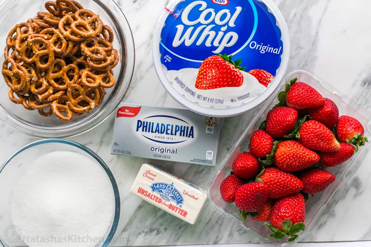 Summer jello dessert ingredients using strawberries and coolwhip