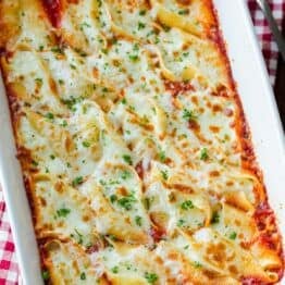 Stuffed Pasta Shells in casserole dish
