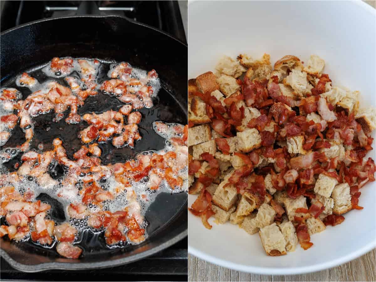 side-by-side photos of cooking bacon and adding to bread chunks