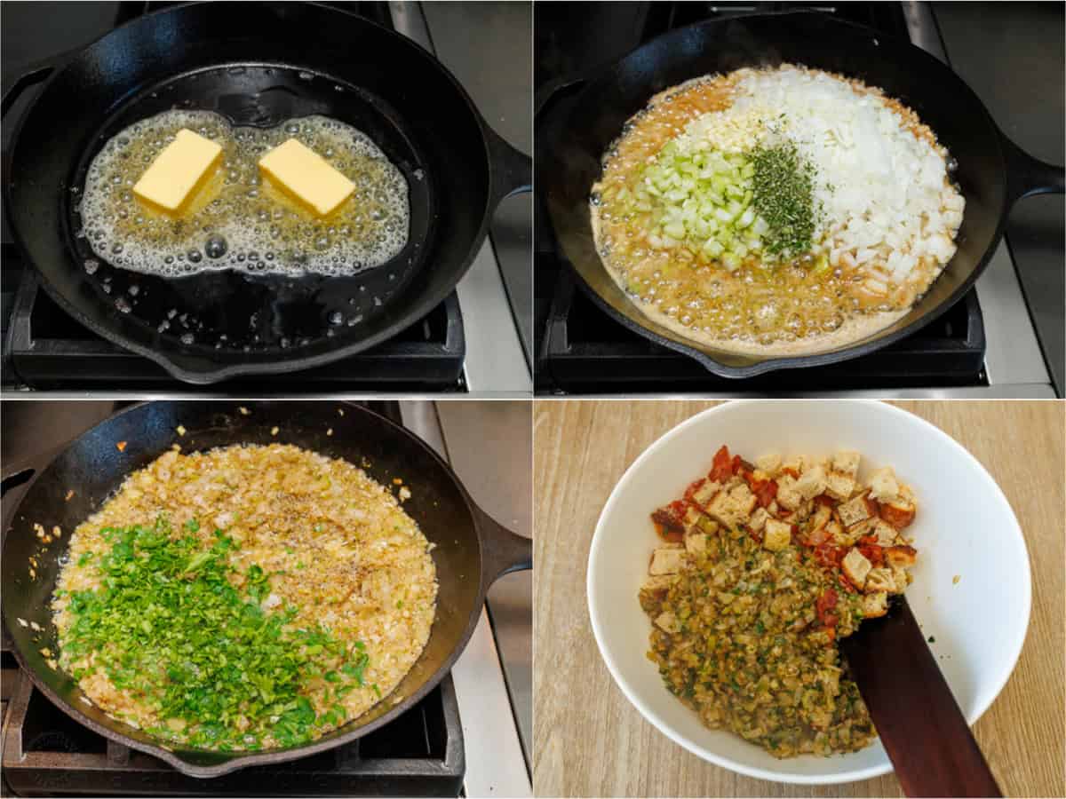 how to make a mirepoix in a cast iron skillet using mutter, celery, onion, parsley, and then mixing with bread crumbs