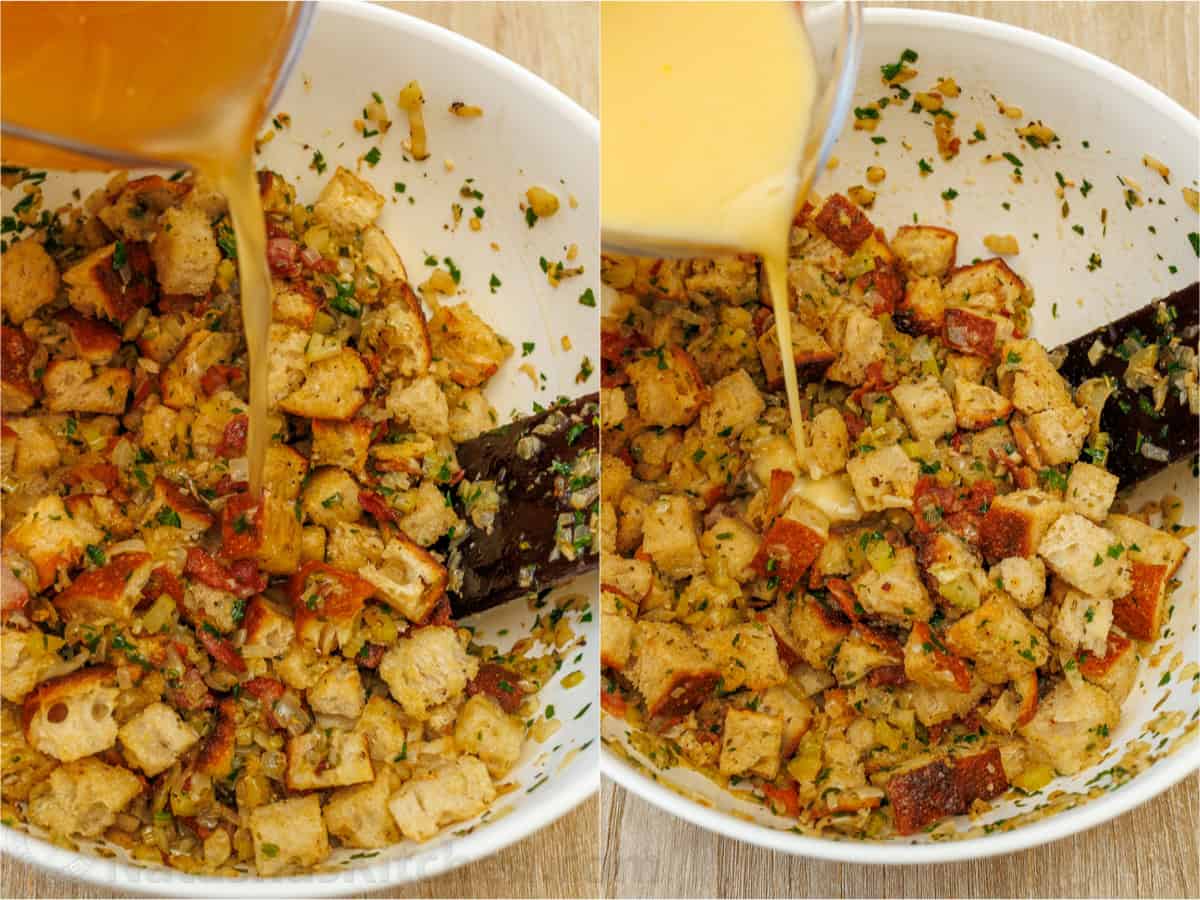 Mixing chopped bread in a white bowl with chicken stock and herbs
