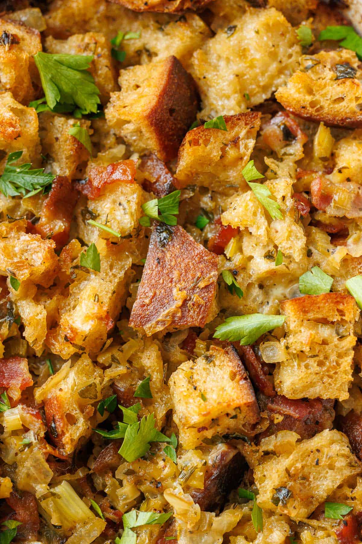 Close up of the bread chunks in the Best stuffing recipe