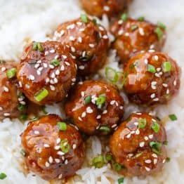 Teriyaki meatball recipe served over white rice