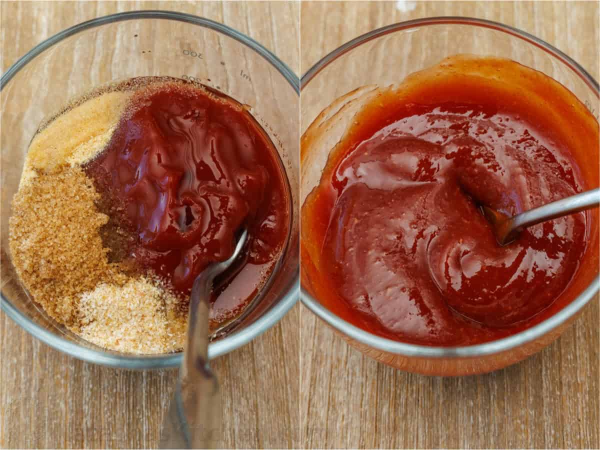 Step-by-step collage how to make the best glaze for a Meatloaf recipe. 