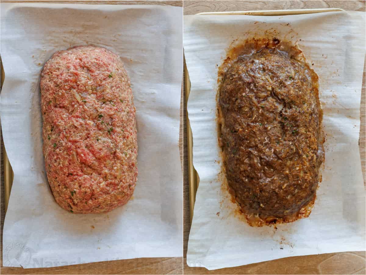 Meatloaf shaped on a baking sheet shown before and after baking